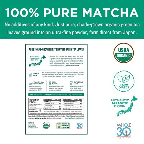 Jade Leaf Matcha Organic Green Tea Powder, Ceremonial Grade, Farm Direct First Harvest - 30 Single Serve Stick Packs - Authentically Japanese (30 Count)