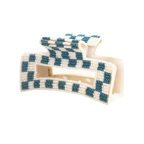 INK+ALLOY Beaded Hair Claw Clips, Game Day Claw Clips in School Colors, Handmade Hair Clips for College Students, Sports Fans, Teachers, Alumni, Team Gifts, 3.5-Inches (Light Blue & White Checkered)