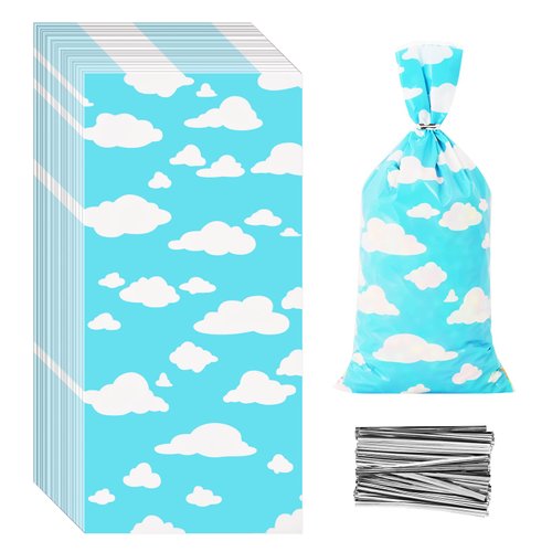 100 Pcs Blue Sky White Clouds Treat Bags White Clouds Print Cellophane Candy Bags Plastic Goodie Storage Bags Cartoon Story Party Favor Bags with Twist Ties for Birthday Party Baby Shower Supplies