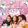 Pink Birthday Decorations for Women Girls, Happy Birthday Party Decorations, Pink Silver Balloons, Happy Birthday Banner, Pink Fringe Curtain, Pink Confetti Balloons for Birthday Party Supplies