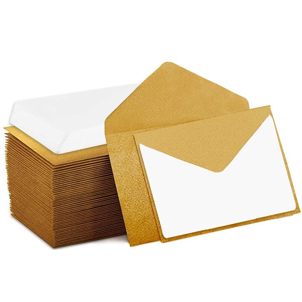 140 Mini Envelopes With White Blank Note Cards, Mini Envelopes 4"x 2.7" For Business Cards, Gift Cards (Gold)