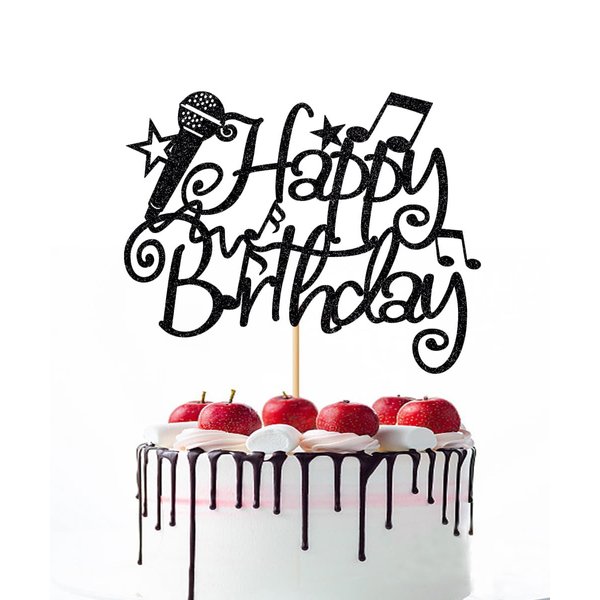 Naicaek Black Glitter Microphone Happy Birthday Cake Topper，Music Lover Birthday Decorations,Karaoke Musical Theme Birthday Party Supplies for Boys Girls (Black)