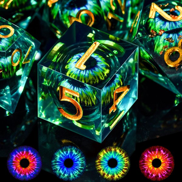 AUSTOR Dragon Eye DND Dice Set 7 Pieces Liquid Core Dragon Eye Dice Blue & Golden Sharp Edge Resin Dice Dungeons and Dragons D&D Dice with Box Role Playing RPG D and D Dice D20 D12 D10 D8 D6 D4
