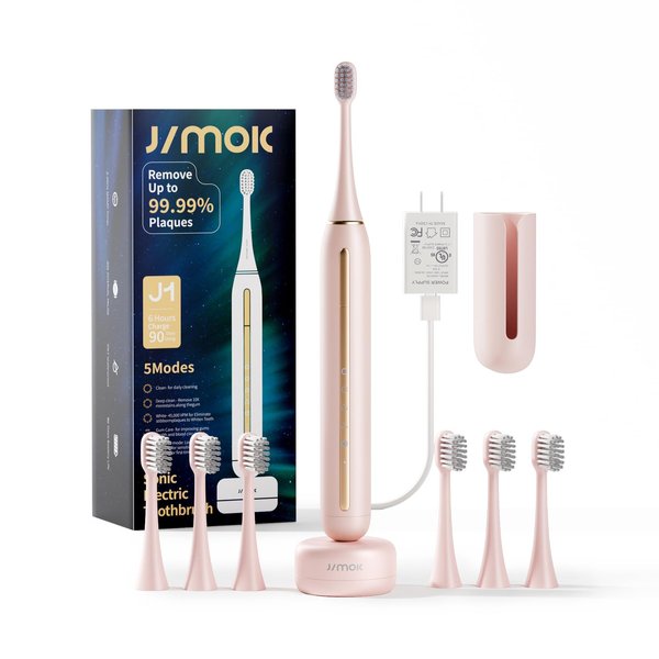 JIMOK Sonic Electric Toothbrush for Adults, Pink, 3Dupont & 3Toray Brush Heads, 1 Charge for 90 Days Use, 5 Modes, A Extra Toothbrush, Includes Wall Adapter