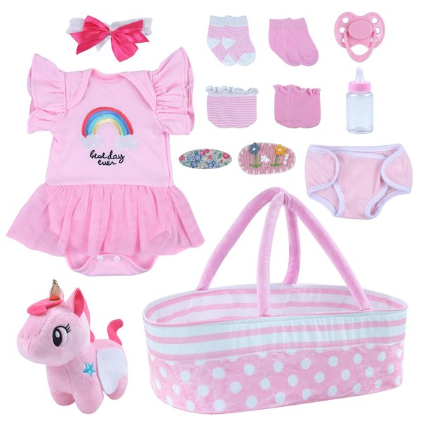 BABESIDE 13 Pcs Reborn Baby Doll Clothes with Bassinet for 17-22 Inch Dolls, Baby Dolls Clothes Outfit Accessories for Baby Doll Boy (Pink)
