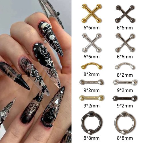 SILPECWEE 36pcs Punk Nail Charms 3D Retro Gold Silver Alloy Nail Jewels Cross Nail Charm Hanging Rings Charms for Nails Salon Gothic Metal Nail Art Decorations Nails Accessories