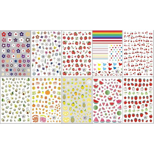 10 Sheets Strawberry Nail Art Stickers Decals Self-Adhesive Cute Fruits Strawberry Watermelon Avocado Cherry Nail Decoration Accessories for Little Girls Kids