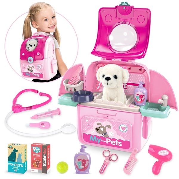 Girl Toys for 2 3 4 5 Years Old, Christmas & Birthday Gifts, Toy Doctor Kit for Toddlers 3-5, Pet Care Pretend Play Doctor Set Toys for Kids, Veterinarian Playset with Plush Puppy Toy&Storage Backpack