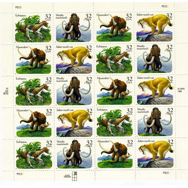 United States Postal Service Prehistoric Animals Sheet of Twenty X 32 Cent Postage Stamps Scott 3080a