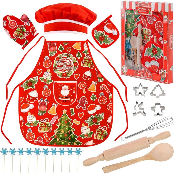 3 otters Chef Costume for Kids, 21PCS Kids Chef Set Kids Christmas Apron Fun Cooking and Baking Set Christmas Dinner Party Cooking