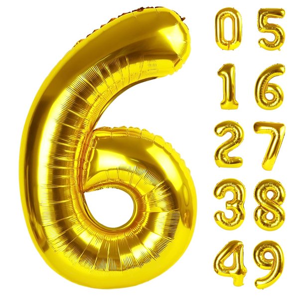 40 Inch Gold Mylar Foil Number 6 Birthday Balloon, Digital Balloons for 6 16 Boy Girl Party Decorations Supplies, Big Helium Balloon Numbers for 26 36 46 60 66 Men Women Anniversary