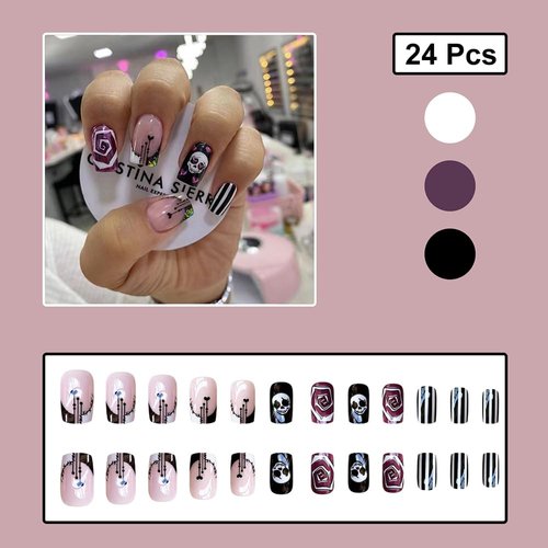 24 Pcs Halloween Press on Nails Short Square - SHANRUN Pink Fake Nails Press ons Patches French Nail Art Tip Glue on Nails Full Cover Acrylic False Nails with Swirl Skeleton Glitter Design for Women