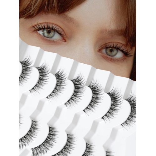 Natural Cat Eyelashes False Lashes Wispy 14mm False Eyelashes Natural Look 0.1MM Thin Band Strip Lashes Pack C Curl Fake Eyelashes Wispy Cat Eye Lashes 3D Volume Siligli Lashes 7 Pair