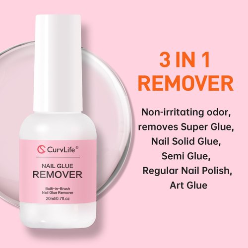 Curvlife Multi-functional Brush-on Nail Glue Remover Glue 20ml for Press on Nails Glue Remover for Fake Nail Tips Acrylic Nail Adhesive Remover with Cuticle Pusher for Girls and Women