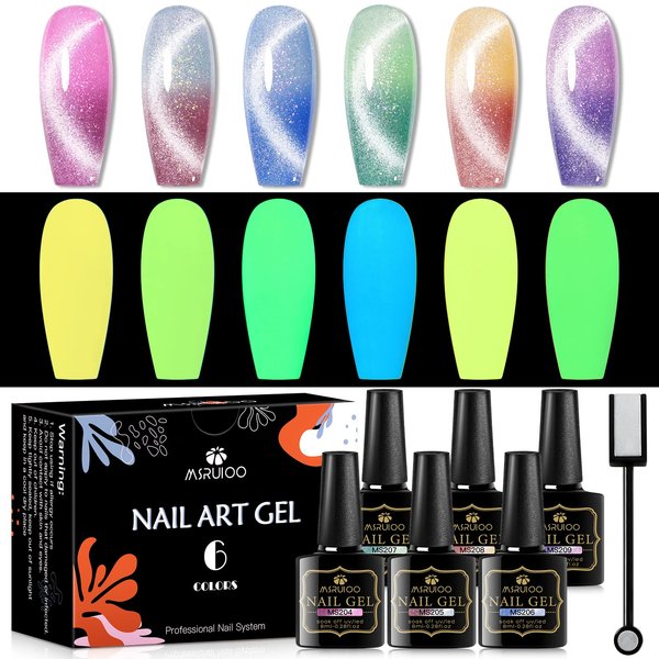 MSRUIOO Glow in the Dark Gel Nail Polish Set, Color Changing Gel Nail Polish, Mood Temperature Color Change Glitter Gel Polish, Luminous Cat Eye Gel Nail Polish for Nail Art Manicure DIY at Home