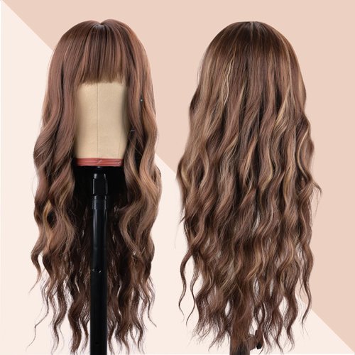 NOSTALGIA Long Brown Wigs with Bangs 26 Inches Curly Wavy Wig for Women Brown Mixed Blonde Highlight Wig Synthetic Wigs for Girls Daily Party Use