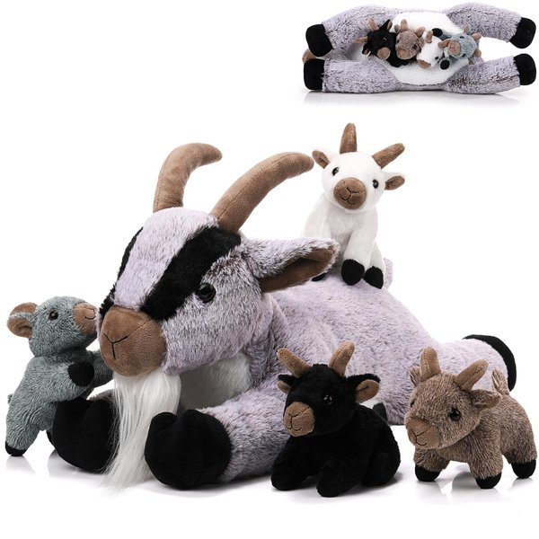 HyDren 5 Pcs Goat Stuffed Animals Set 18 Inch Mommy Goat Plush with 4 Stuffed Goat Babies Soft Goat Plushies Gifts for Christmas Birthday Valentine's Children's Day Farm Party Favors