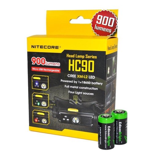Nitecore HC90 900 Lumen CREE XM-L2 T6 LED USB rechargeable headlamp with Genuine NL189 18650 3400mAh Li-ion rechargeable battery, Two EdisonBright CR123A Lithium Batteries