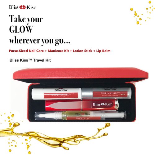 Bliss Kiss Nail Travel Manicure Kit - Great Gift Idea - Easy carry, to-go case to care for your nails, skin, and lips - Hydrating Nail and Cuticle Oil, Lotion Stick, Crystal Nail File, Lip Balm