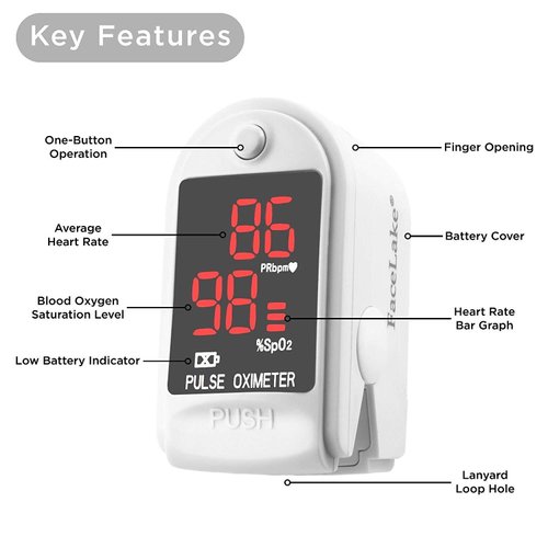 Facelake FL400 Pulse Oximeter with Neck/wrist Cord, Carrying Case and Batteries- White