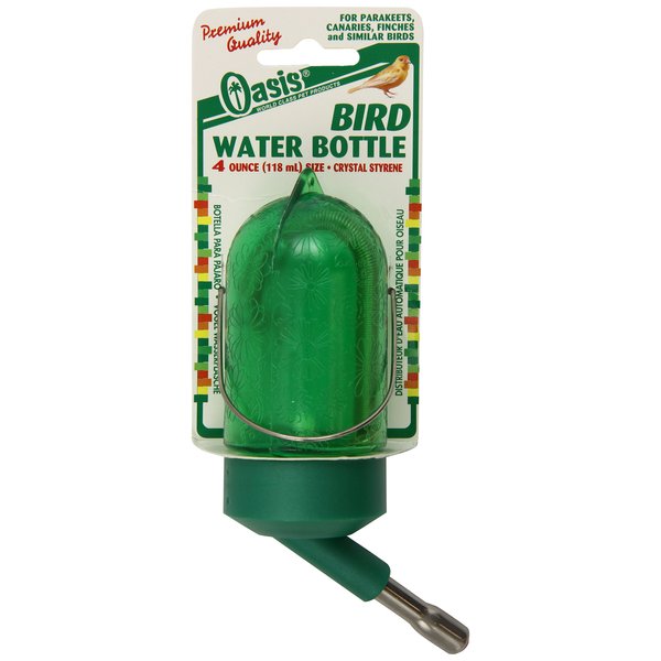 Oasis Small Bird Water Bottle - Polystyrene & Cherry-Red Drinking Tip, Double-Ball Vacuum Valve - for Parakeets, Budgies, Canaries, Finches, Cockatiels & Love Birds, Capacity 4-Ounces,Green