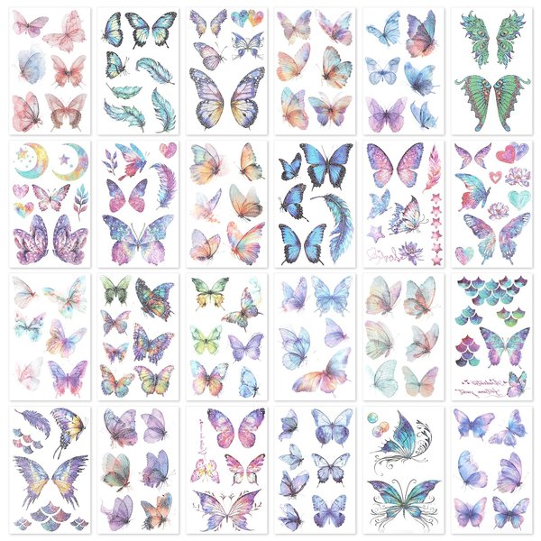 24 Sheets Glitter Butterfly Tattoos, Waterproof Butterfly Temporary Tattoo Sticker Eye Arm Face Body Makeup Temporary Tattoos for Women Girls Party Favors Festival Makeup