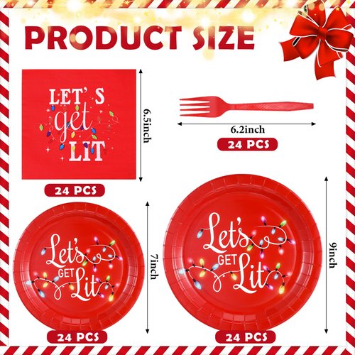 96 Pcs Christmas Party Supplies Paper Plates and Napkins Disposable Dinnerware Set Include Christmas Plates Napkins Forks for Xmas Holiday Table Decorations, Serves 24 Guests (Colored Light)