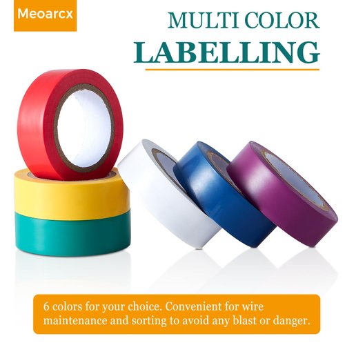 Meoarcx Colored Vinyl Electrical Tape PVC-6 Pack Waterproof Electric Tape, 0.7 in x 30 Ft, 5 Mil Thick, Heat Resistant Insulation Tape Indoor Outdoor Wire Wrapping Multicolor Assortment