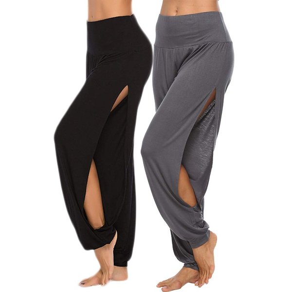 AvaCostume Womens Harem Yoga Pants Side Slit Sport Workout Sweatpants BlackDarkGrey XXL