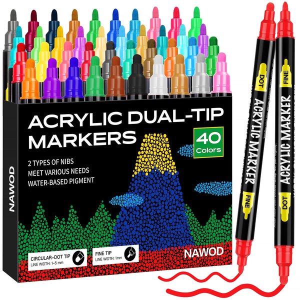 NAWOD 40 Colors Dual Tip Acrylic Paint Pens Markers, With Fine and Medium Tip, for Rock Painting, Canvas, Wood, Glass, Ceramic, Stone, Fabric, Pumpkin Kit, Easter Eggs, DIY Crafts Making Art Supplies