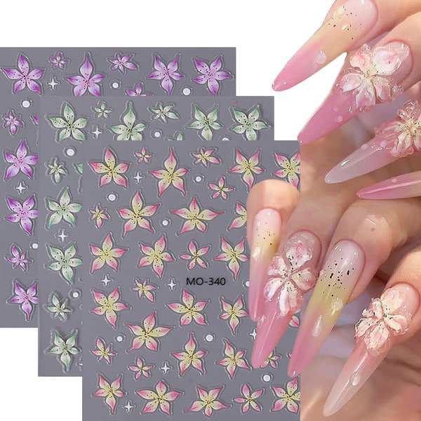 Tyuimhx 5 Sheets Flowers Nail Art Stickers Decals 5D Embossed Self-Adhesive Lily Flowers Nail Stickers Blue Pink White Green Purple Floral Nail Decals Supplies for Women Girls DIY Nail Tip Decorations