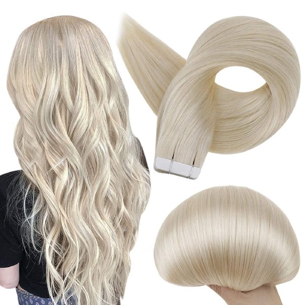 Full Shine Tape in Hair Extensions Human Hair 60 Platinum Blonde Tape Hair Extensions Real Hair 18 Inch Seamless Skin Weft Human Hair Extensions 50 Grams 20 Pieces Invisible Tape in Extensions