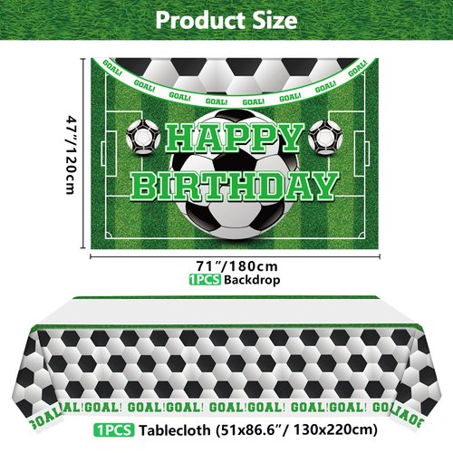 PIXHOTUL Soccer Happy Birthday Backdrop and Tablecloth Set - Soccer Theme Party Photo Props with Plastic Tablecloths Decorations for Kids Soccer Themed Birthday Party Decorations