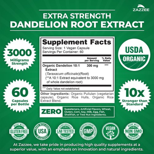 Zazzee USDA Organic Dandelion Root 10:1 Extract, 3000 mg Strength, 60 Capsules, 2 Month Supply, Standardized and Concentrated 10X Extract, 100% Vegetarian, All-Natural and Non-GMO