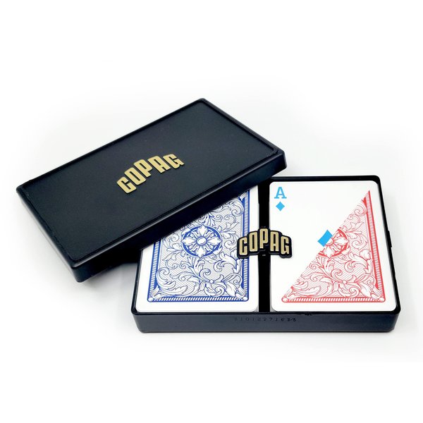 Copag 4-Color Legacy Design 100% Plastic Playing Cards, Poker Size (Standard) Regular Index Red/Blue Double Deck Set