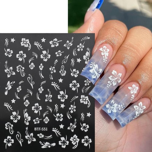 6 Sheets Flower Nail Stickers, 3D Self-Adhesive Hibiscus Nail Decals White Pink Gold Flowers Nail Art Stickers Summer Nail Design Decoration Nail Tips for Women and Girls DIY Acrylic Nails
