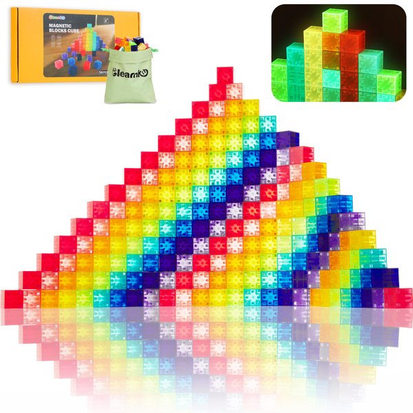 Gleamkid 54PCS Magnetic Blocks Set, Glow in The Dark Children Construction Kit, STEM Construction Stacking Toy, Multi-Color Rainbow Stacking Blocks, Ideal Present Gift for Kids 3+ Boys and Girls