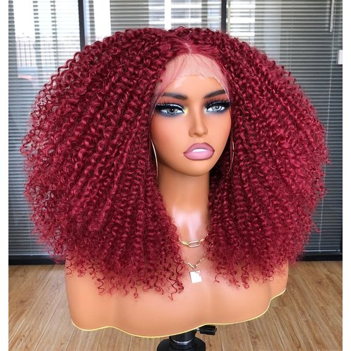 ANNISOUL Red Curly Lace front Wigs for Black Women,Lace front Wig Synthetic Hair Pre Plucked Deep Curly Wave 13x4x1 HD Short Glueless Curly Afro Wig 17Inch