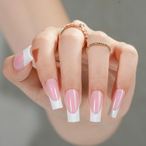 White French Tip, Jofay Fashion Press on Nails, 320Pcs Pink Long Square Nails, Pre-applied Tip Primer & Base Coat, Salon Fake Nails, 16 Sizes