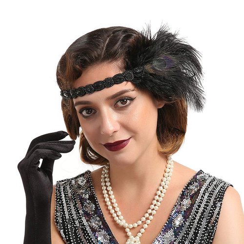 1920s Headpiece, Great Gatsby Flapper Headbands, Peacook Feather Hair Band Cocktail Party Rhinestone Hair Accessories for Women (BQ04black)