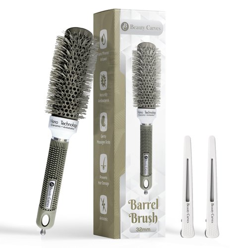 Beauty Carves Round Hair Brush, 32 mm Barrel with 2 Clips – Blowout Brush with Flexible Nylon 66 Bristles - Nano Ionic Heat Resistant Tech for Professional Curling, Styling & Shining Texture