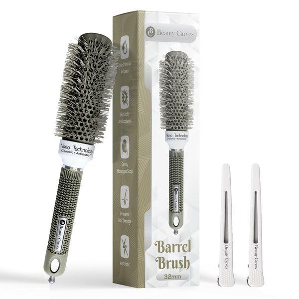 Beauty Carves Round Hair Brush, 32 mm Barrel with 2 Clips – Blowout Brush with Flexible Nylon 66 Bristles - Nano Ionic Heat Resistant Tech for Professional Curling, Styling & Shining Texture