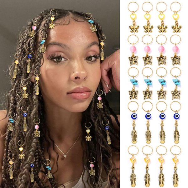 Formery Butterflies Braid Jewelry Gold Crystal Bead Loc accessories Leaves African Dreadlock Hair Ring for Black Women and Girls (20PCS)