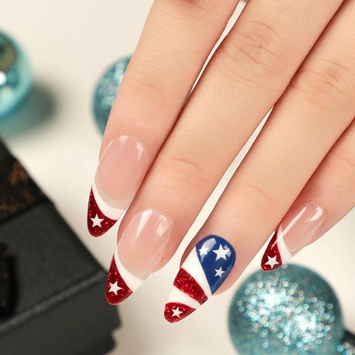 24Pcs 4th of July Press on Nails Medium Almond Independence Day Fake Nails Red Glitter French Tip False Nails with Star Designs Full Cover Stick on Nails Acrylic Patriotic Artificial Nails for Women