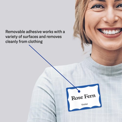 Avery Customizable Name Tags, 2-1/3" x 3-3/8", White with Blue Border, 100 Removable Name Badges (05144)