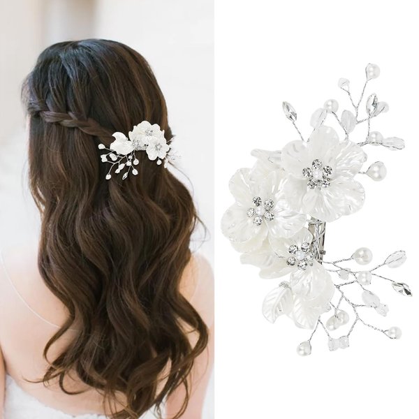 Pearl Flower Wedding Hair Clips Rhinestone Wedding Headpiece for Bride Crystal Bridal Bridesmaids Floral Hair Accessories for Wedding Women Wedding Barrettes for Women's Hair