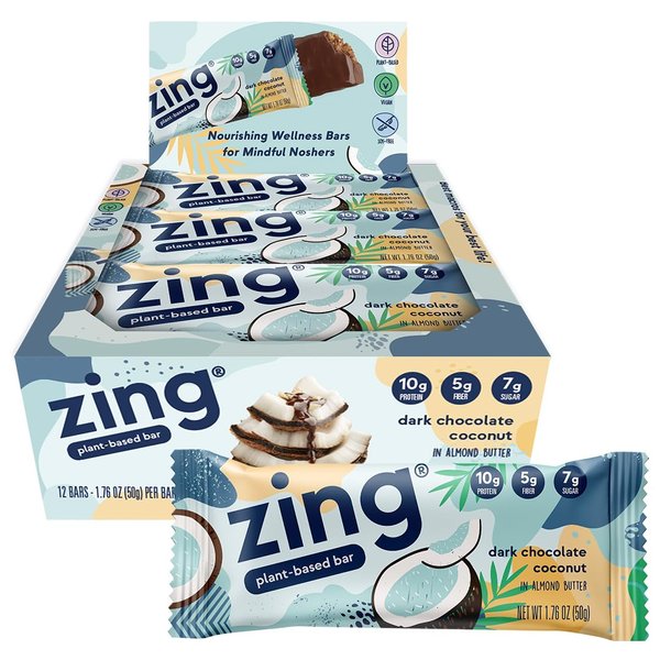 Zing Dark Chocolate Coconut Vegan Protein Bars, Gluten Free with High Protein, High Fiber, Dairy Free Nutrition Bars, Plant Based Protein, Kosher, Low Sugar, No Sugar Alcohols - 12 count