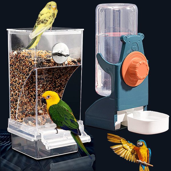 Kenond No Mess Bird Feeder Water Dispenser Set, Automatic Parrot Feeder Cage Accessories, Clear Parakeet Seed Container Food Feeder Drinker for Cage, Cockatiel Squirrel Finch Lovebirds Budgies Canary