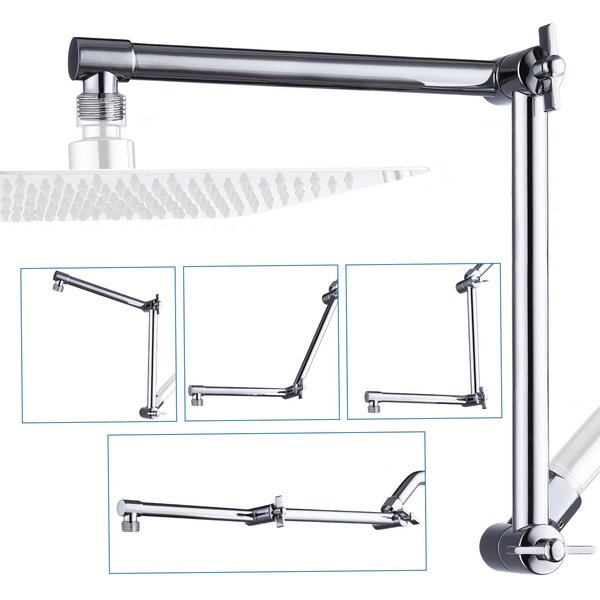 G-Promise Shower Head Extension Arm, 16" Solid Brass Adjustable Extender with Lock Joint, Standard 1/2", Rise or Lower Rainfall and Fixed Shower Head, Height/Angle Adjustable Extension Arm Attachment