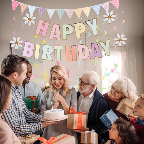 Happy Birthday Banner Macaron Birthday Decorations No DIY Colorful Flag Letters Hanging Swirls Streamers Circle Dots Garland Happy Birthday Party Decorations Supplies for Women Men Boys Girls
